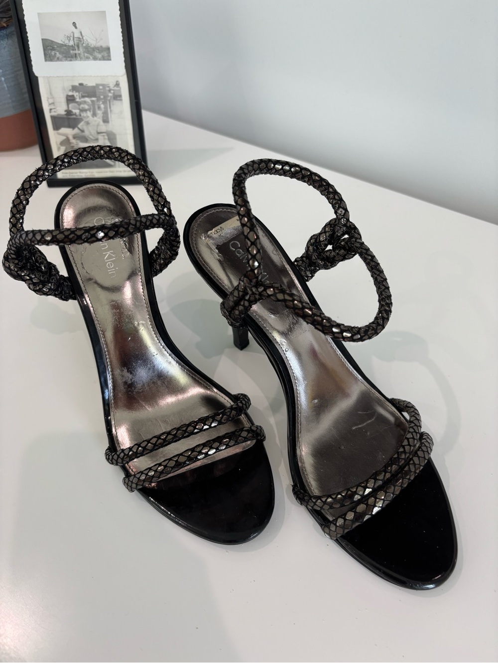 Calvin Klein Black Braided-Strap Stiletto Sandals with Metallic Insole